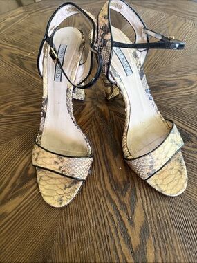 Anne Klein Yellow Snakeskin Ankle Strap Block Heel Sandals